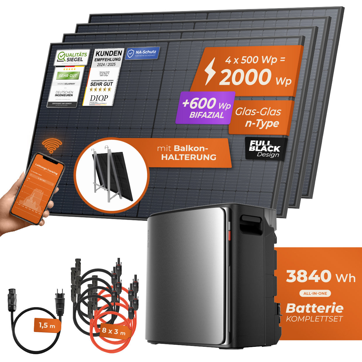 SOLARWAY Balkonkraftwerk 2000 Watt Pro | EcoFlow STREAM Ultra X 3840 Wh Batterie