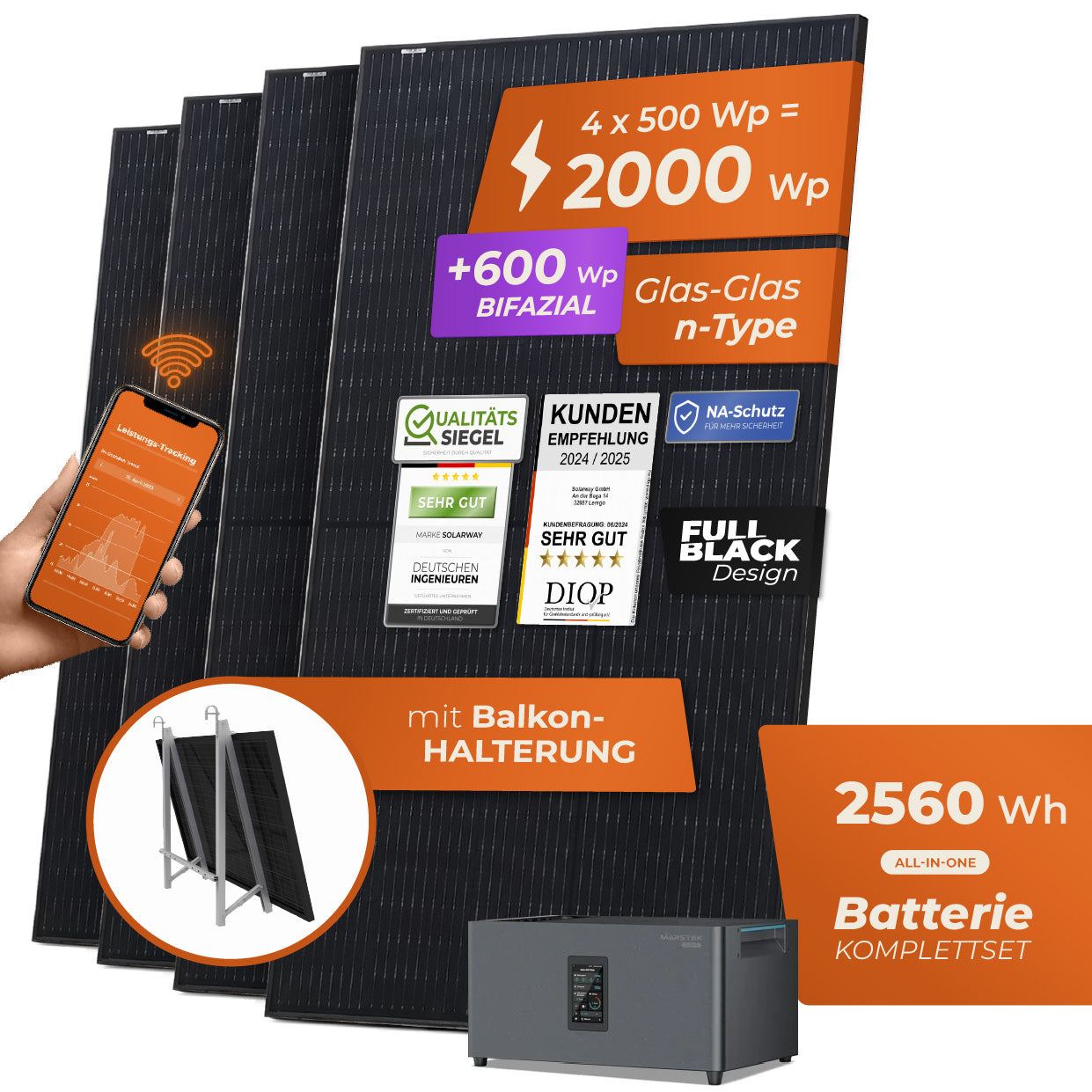 SOLARWAY Balkonkraftwerk 2000 Watt Plus | Marstek Jupiter C Plus 2560 Wh Batterie