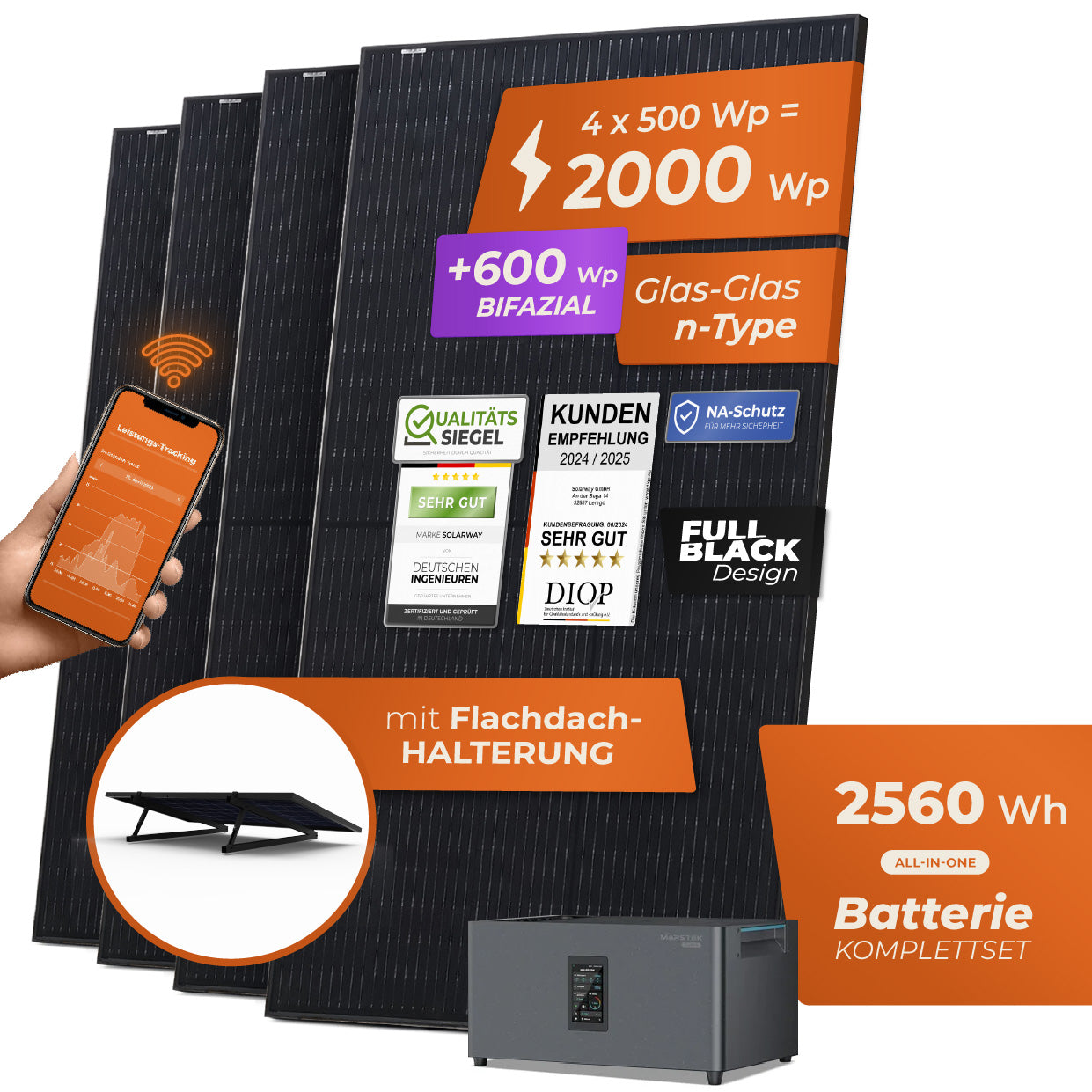 SOLARWAY Balkonkraftwerk 2000 Watt Plus | Marstek Jupiter C Plus 2560 Wh Batterie