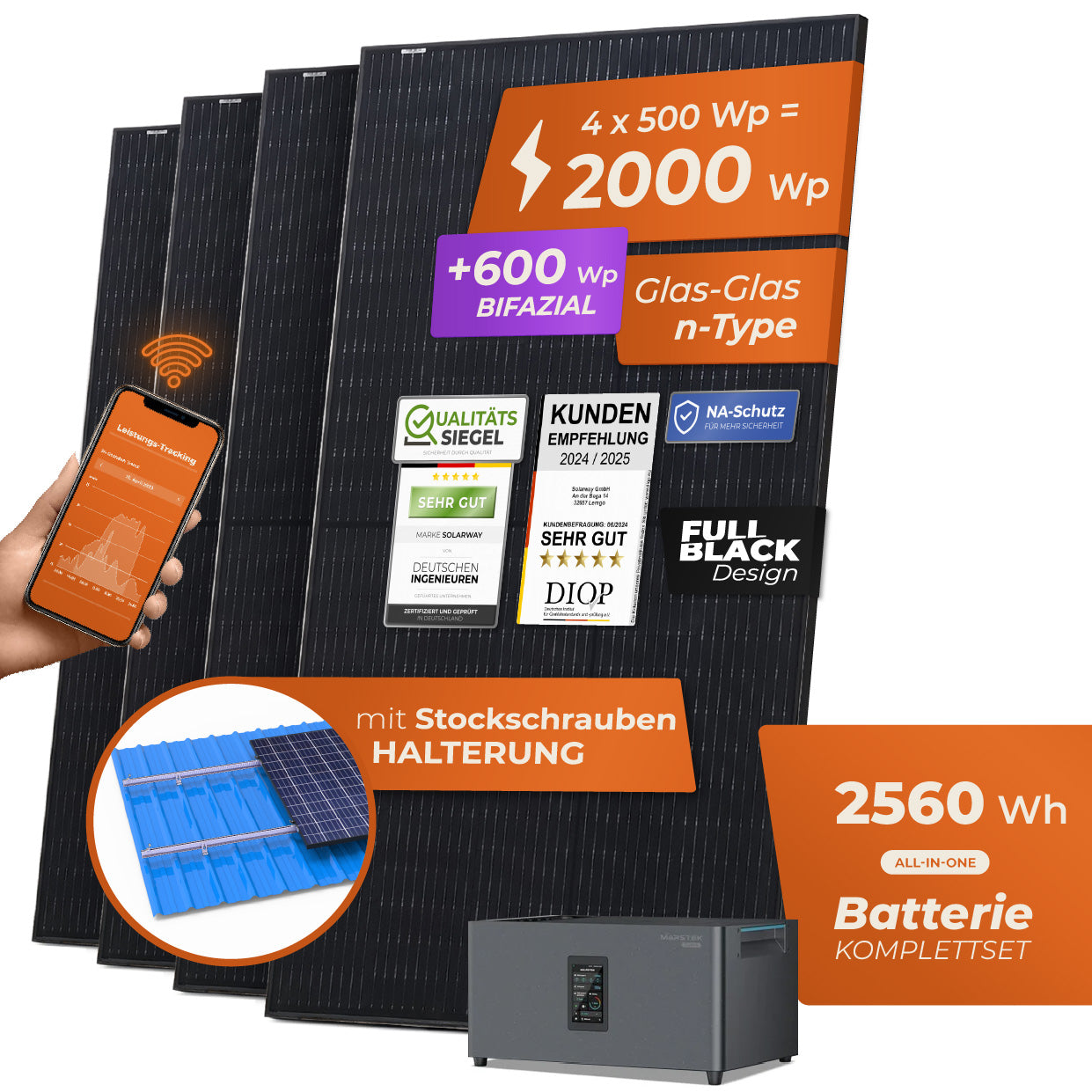 SOLARWAY Balkonkraftwerk 2000 Watt Plus | Marstek Jupiter C Plus 2560 Wh Batterie