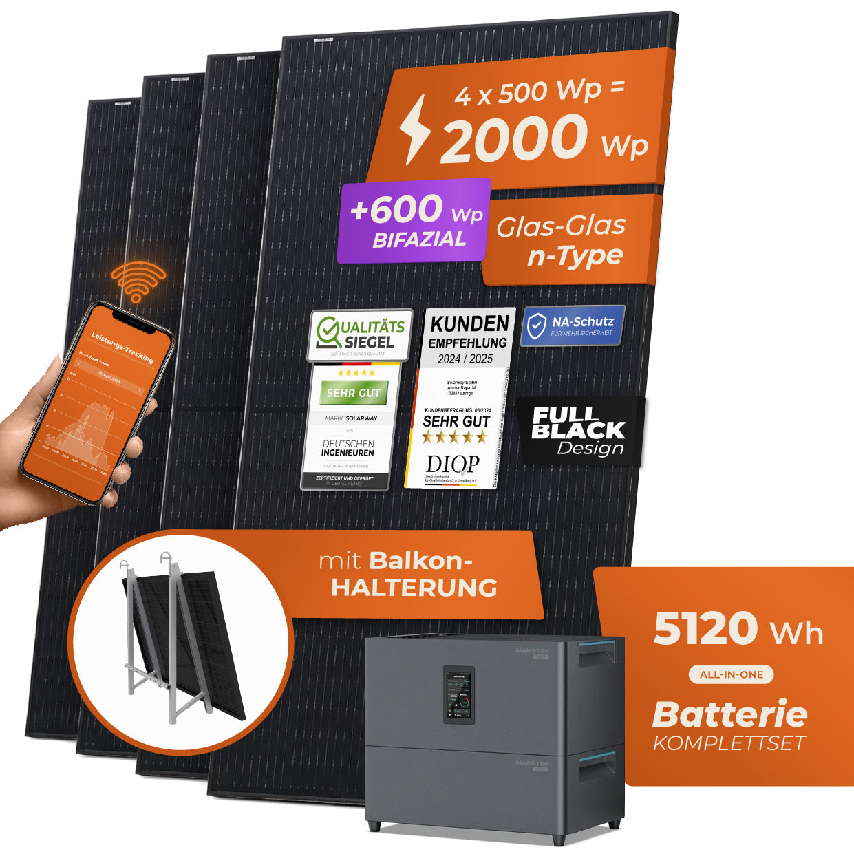 SOLARWAY Balkonkraftwerk 2000 Watt Plus | Marstek Jupiter C Plus 5120 Wh Batterie