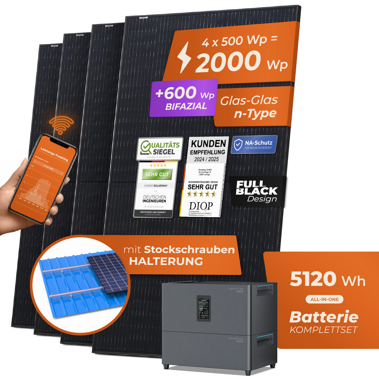 SOLARWAY Balkonkraftwerk 2000 Watt Plus | Marstek Jupiter C Plus 5120 Wh Batterie