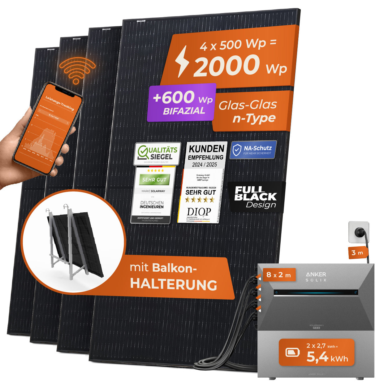 SOLARWAY Balkonkraftwerk 2000 Watt Pro | Anker SOLIX Solarbank 3 E2700 Pro + Erweiterung 5,4 kWh Speicher