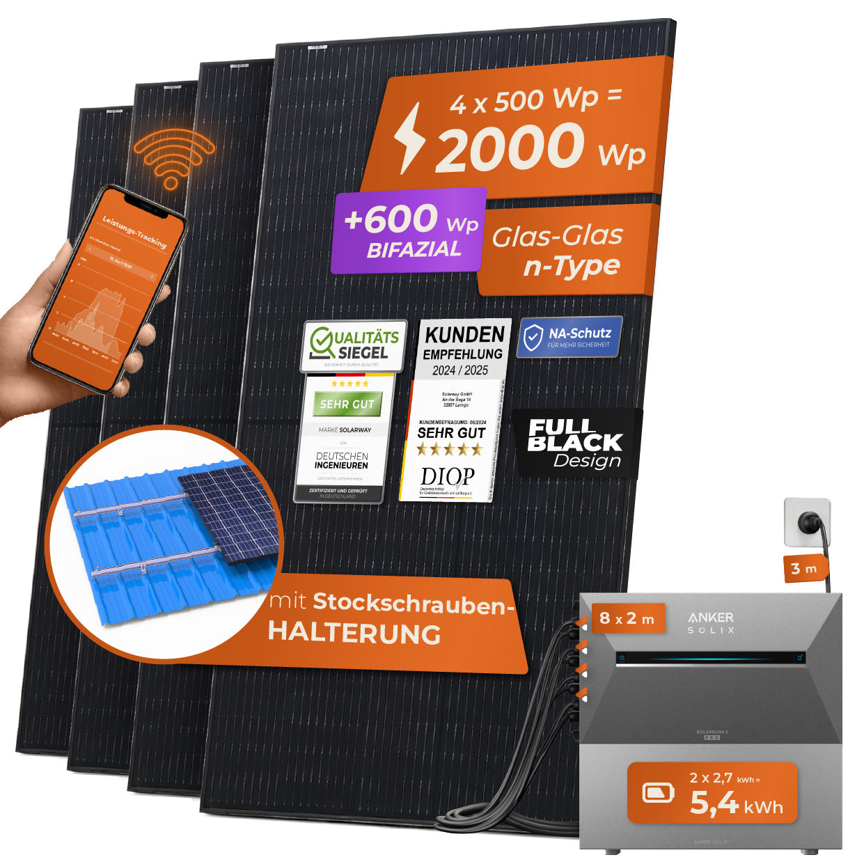 SOLARWAY Balkonkraftwerk 2000 Watt Pro | Anker SOLIX Solarbank 3 E2700 Pro + Erweiterung 5,4 kWh Speicher