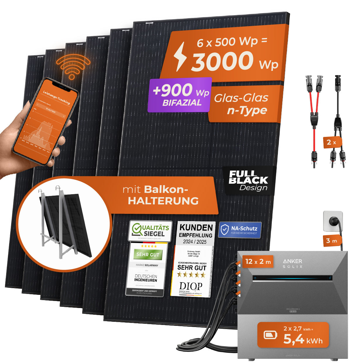 SOLARWAY Balkonkraftwerk 3000 Watt Pro | Anker SOLIX Solarbank 3 E2700 Pro 5,4 kWh Speicher
