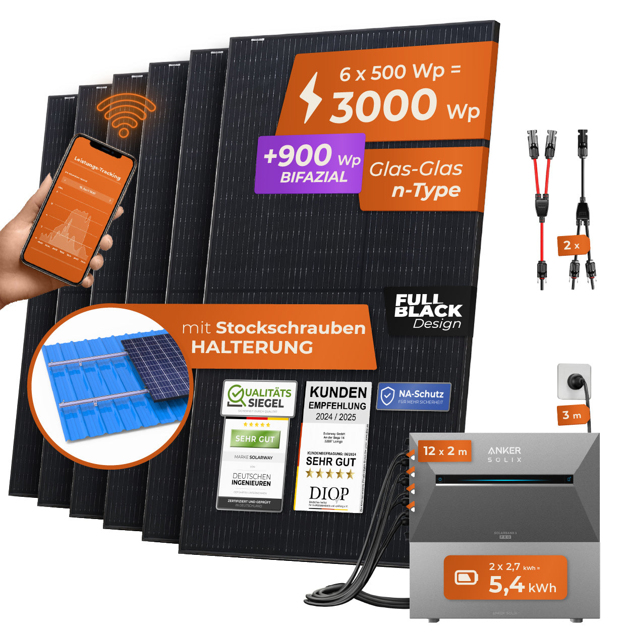 SOLARWAY Balkonkraftwerk 3000 Watt Pro | Anker SOLIX Solarbank 3 E2700 Pro 5,4 kWh Speicher