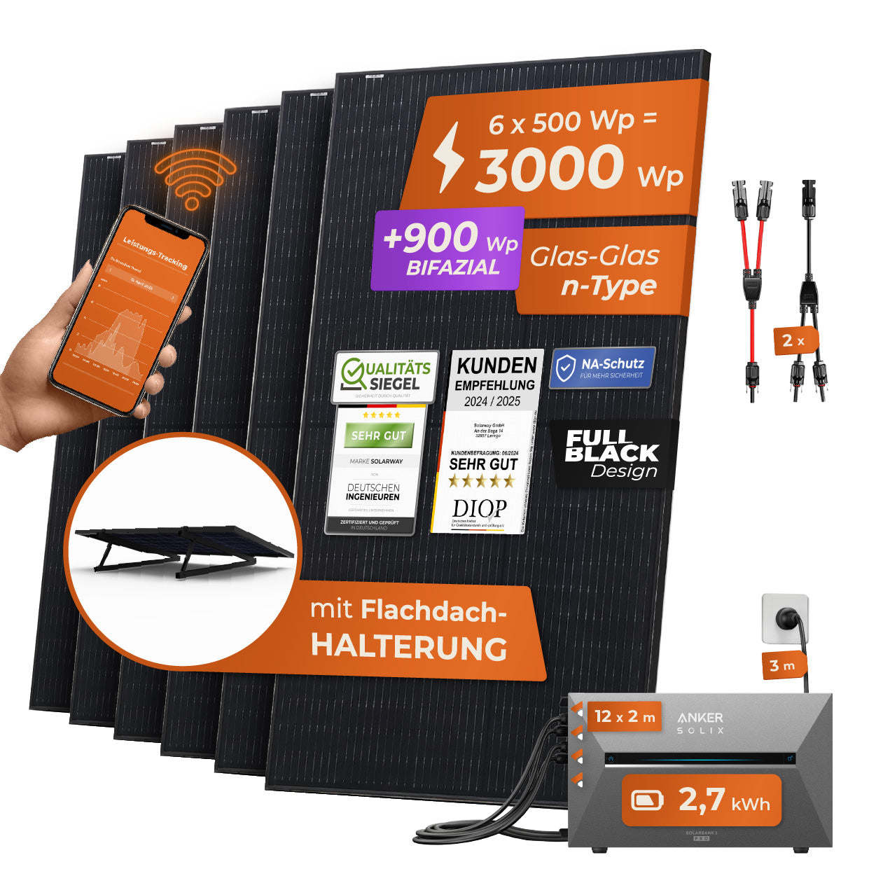 SOLARWAY Balkonkraftwerk 3000 Watt Pro | Anker SOLIX Solarbank 3 E2700 Pro 2,7 kWh Speicher