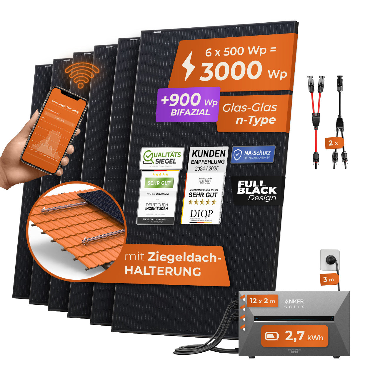 SOLARWAY Balkonkraftwerk 3000 Watt Pro | Anker SOLIX Solarbank 3 E2700 Pro 2,7 kWh Speicher