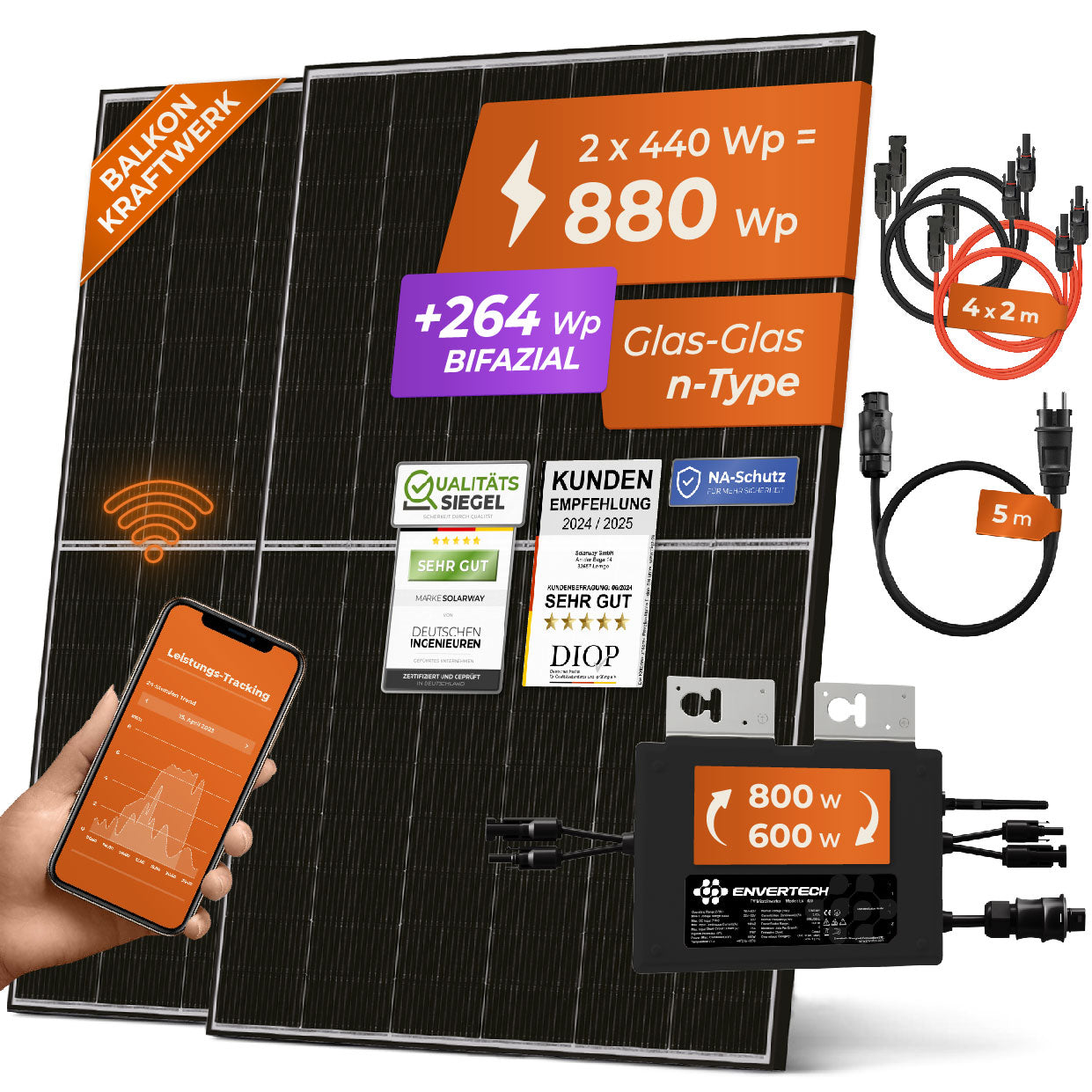 Custom SolarKit Configuration - Anzahl Module: 2 | Modultyp: 440 Wp Bifazial | Wechselrichter: Envertech (800 W) | Halterung: Flachdachhalterung