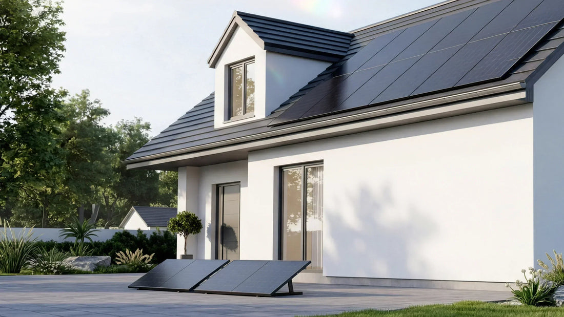 Modernes weißes Haus mit schwarzem Solardach und zwei steckerfertigen Balkonkraftwerk-Modulen auf der Terrasse – Ratgeber 2026 von solarway.shop