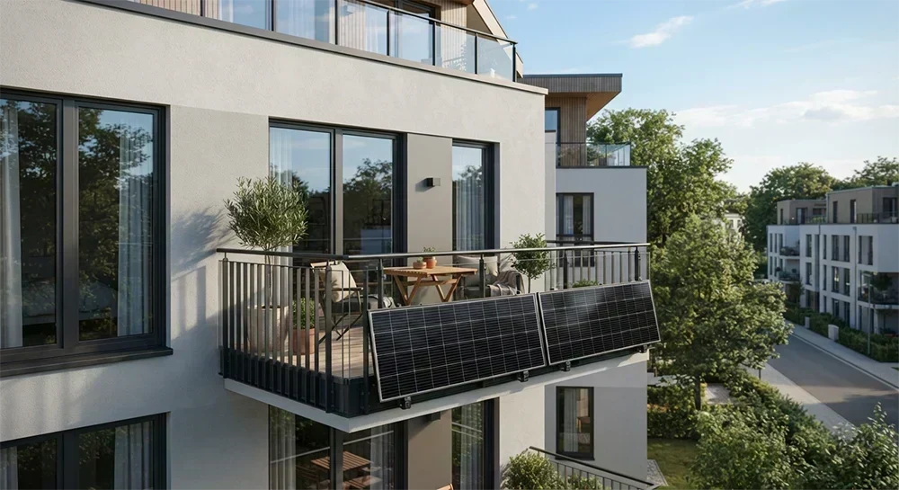 Balkonkraftwerk auf einem Balkon in Mecklenburg-Vorpommern mit zwei Solarmodulen
