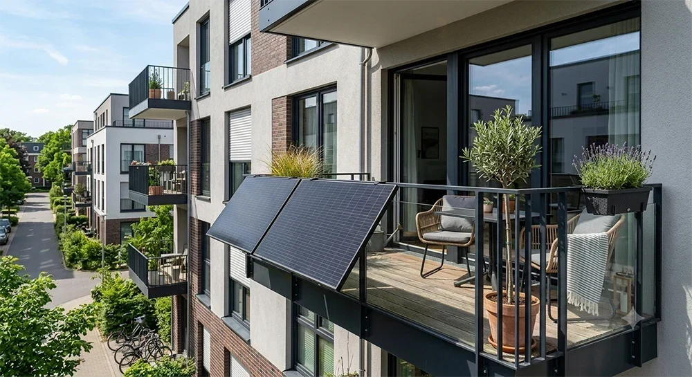Modernes Balkonkraftwerk auf einem Balkon in Niedersachsen mit Solarmodulen zur eigenen Stromerzeugung