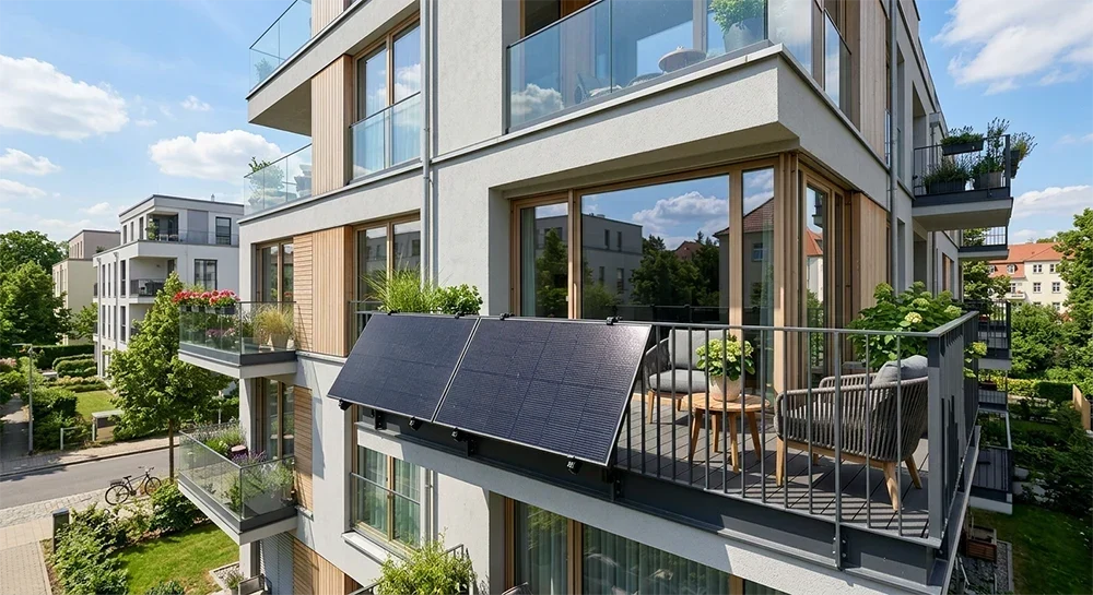Modernes Balkonkraftwerk auf einem Wohnungsbalkon in Sachsen mit zwei Solarmodulen zur eigenen Stromerzeugung