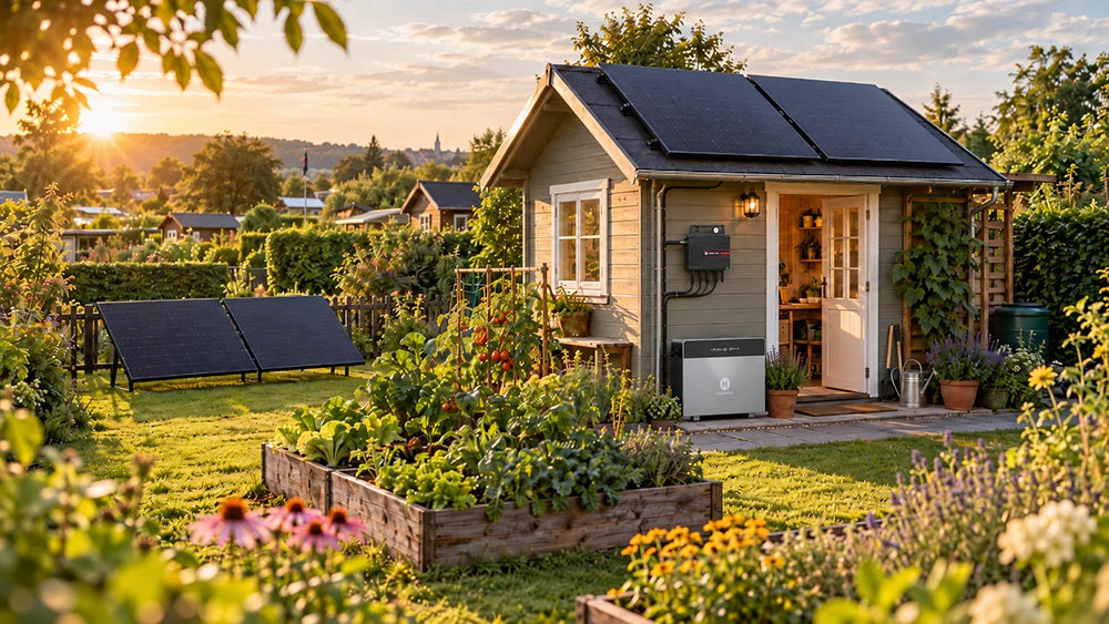 Balkonkraftwerk im Kleingarten mit Solarmodulen auf Gartenlaube und Bodenaufständerung