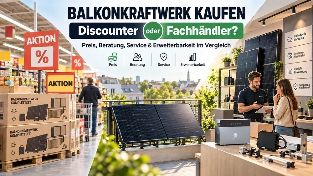 Balkonkraftwerk kaufen beim Discounter oder Fachhändler – Vergleich von Preis, Beratung, Service und Erweiterbarkeit