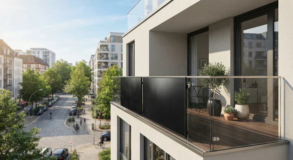 Modernes Balkonkraftwerk mit Full-Black-Solarmodulen auf einem Balkon – Beispiel für ein hochwertiges System im Testsieger-Vergleich 2026.
