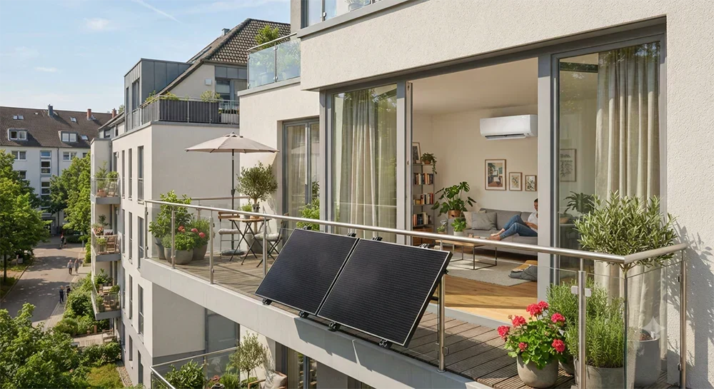 Moderne Wohnung in Deutschland mit Balkonkraftwerk und Klimaanlage im Sommer