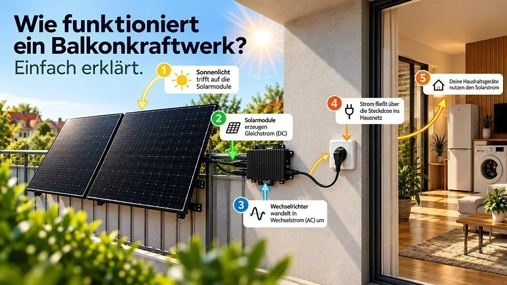 Wie funktioniert ein Balkonkraftwerk – Solarmodule erzeugen Gleichstrom, der Wechselrichter wandelt ihn in Wechselstrom für den Haushalt um