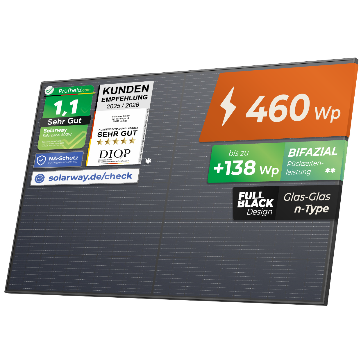SOLARWAY 460Wp bifaziales n-Type Glas-Glas Solarmodul mit bis zu 138Wp Mehrleistung durch Bifazialität, Full Black Design