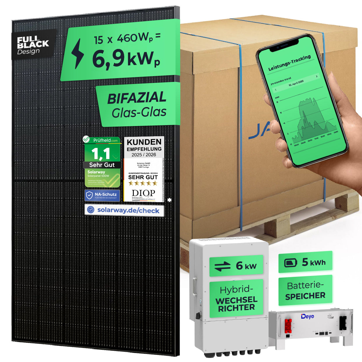 SOLARWAY Solaranlage Komplettset 6,9 kW | Deye 6 kW | Bifazial inkl. Montagesystem, App & WiFi