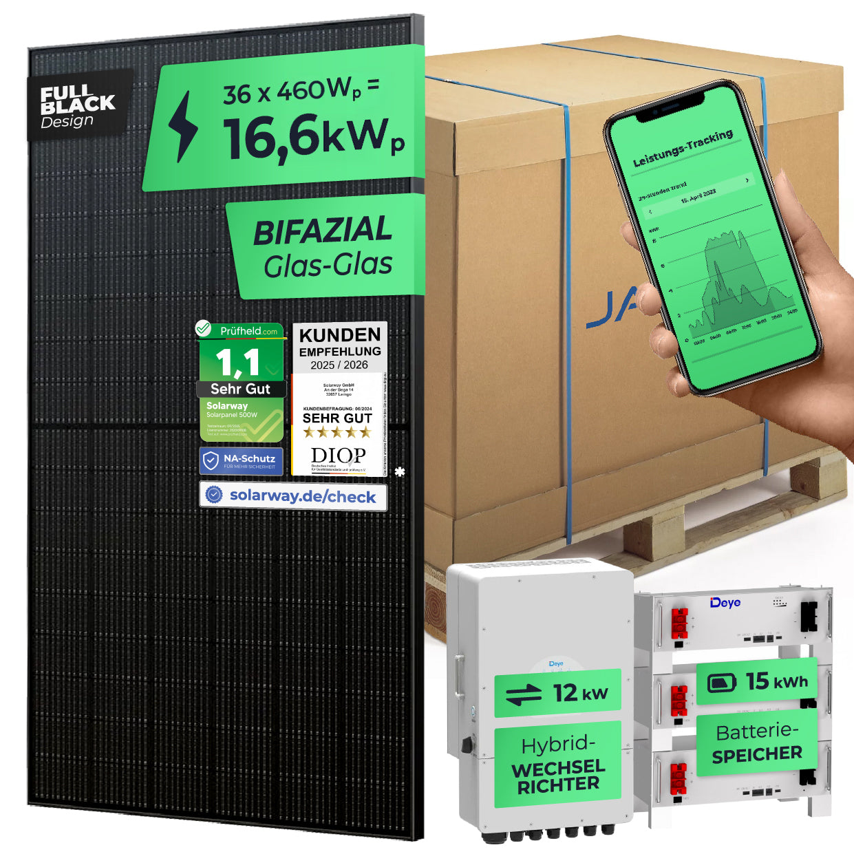 SOLARWAY Solaranlage Komplettset 16,6 kW | Deye 12 kW | Bifazial inkl. Montagesystem, App & WiFi