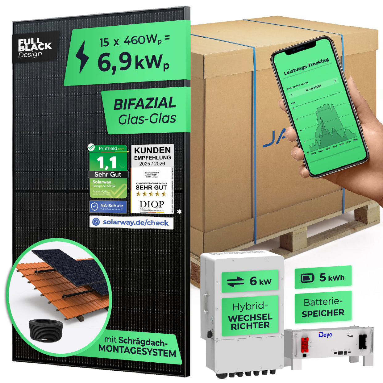SOLARWAY Solaranlage Komplettset 6,9 kW | Deye 6 kW | Bifazial inkl. Montagesystem, App & WiFi