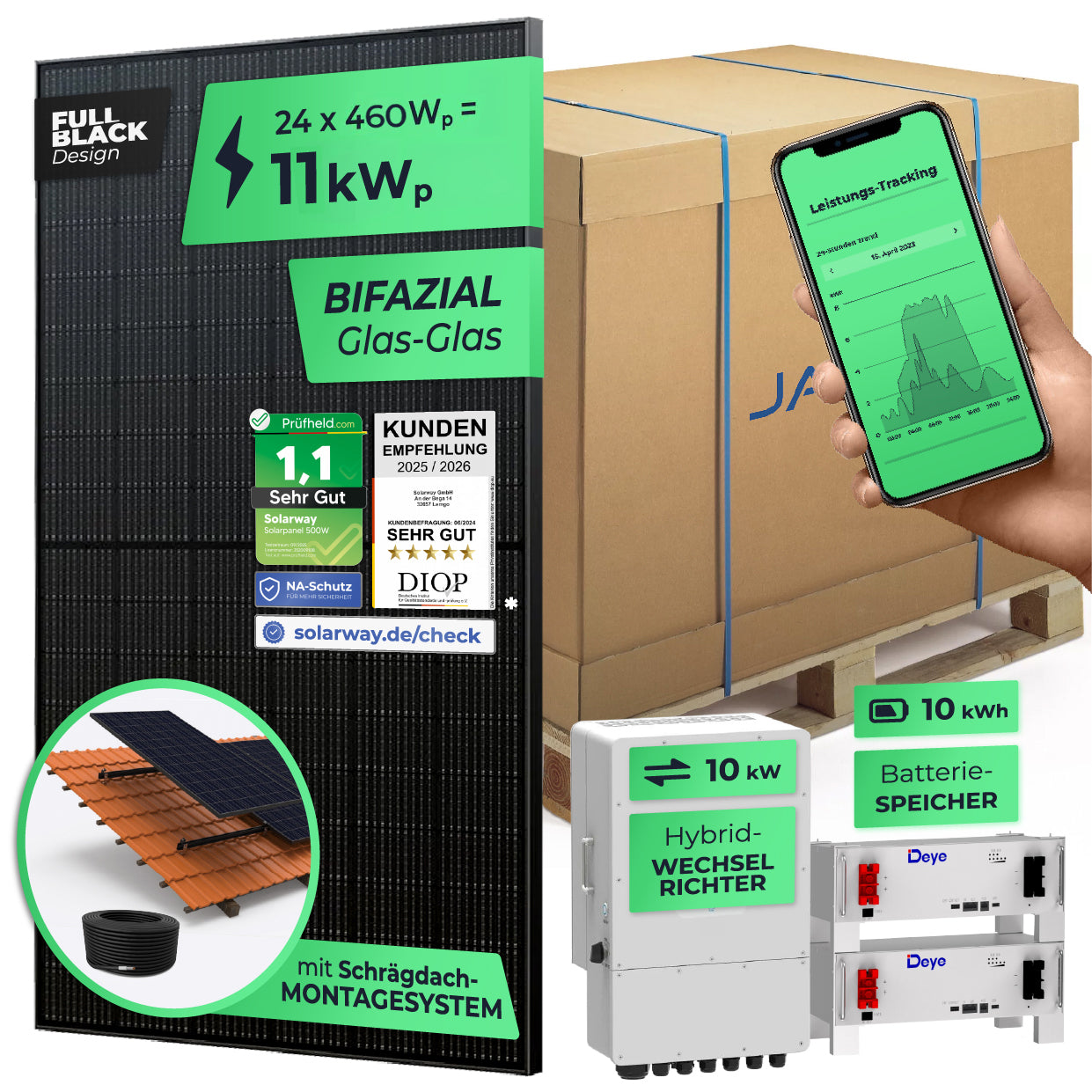 SOLARWAY Solaranlage Komplettset 11 kW | Deye 10 kW | Bifazial inkl. Montagesystem, App & WiFi