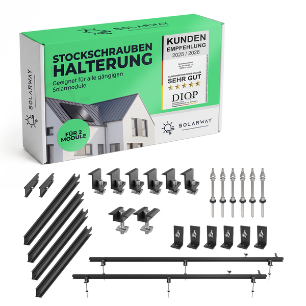 Solarway Balkonkraftwerk Halterung |Schwarz | Stockschrauben Montageset für Blechdach, Holzdach & Welldach | Für 2 Solarmodule - Solarway