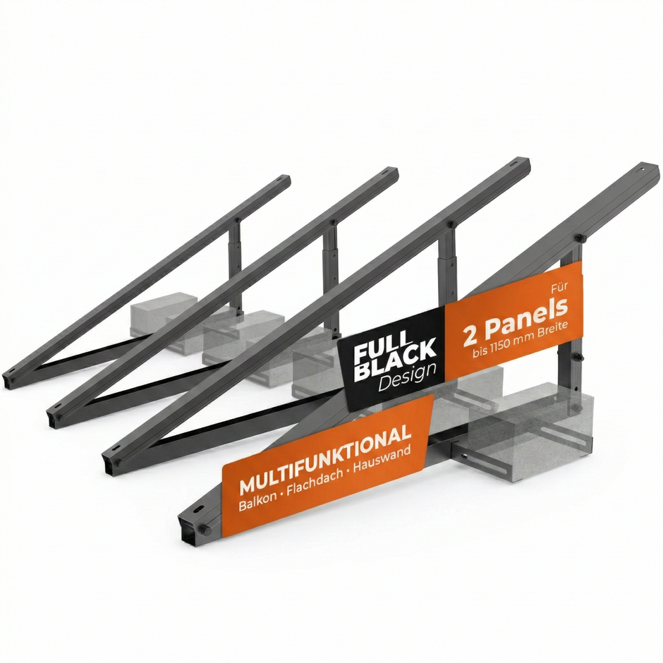 Solarway Balkonkraftwerk Halterung für Solarpanel | Balkon, Geländer, Fassade und Flachdach Befestigung für 2 Solarmodule Halterung Set | Neigungswinkel 20-35° | Schwarz
