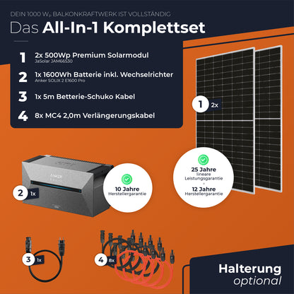 SOLARWAY Balkonkraftwerk 1000 Watt | Anker SOLIX Solarbank 2 E1600 Pro 1,6 kWh Speicher