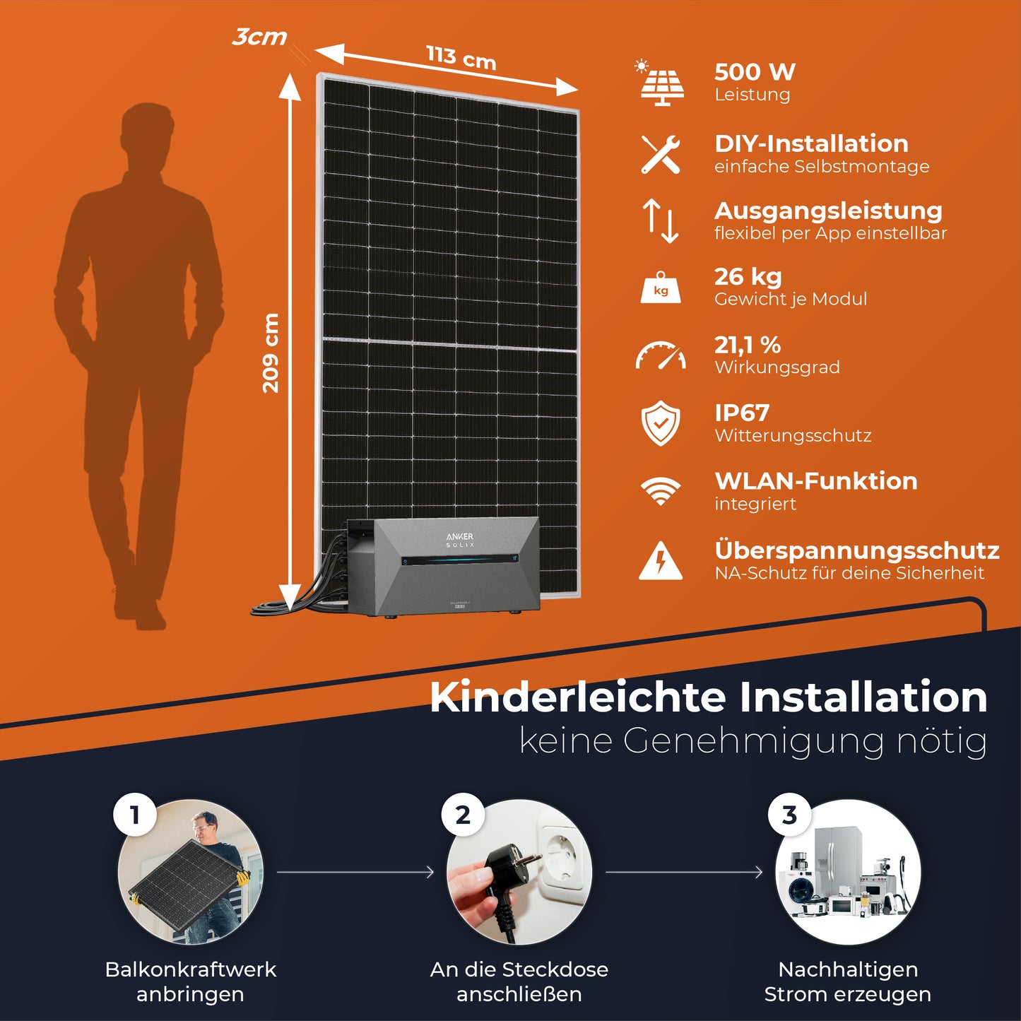 SOLARWAY Balkonkraftwerk 1000 Watt | Anker SOLIX Solarbank 2 E1600 Pro 1,6 kWh Speicher