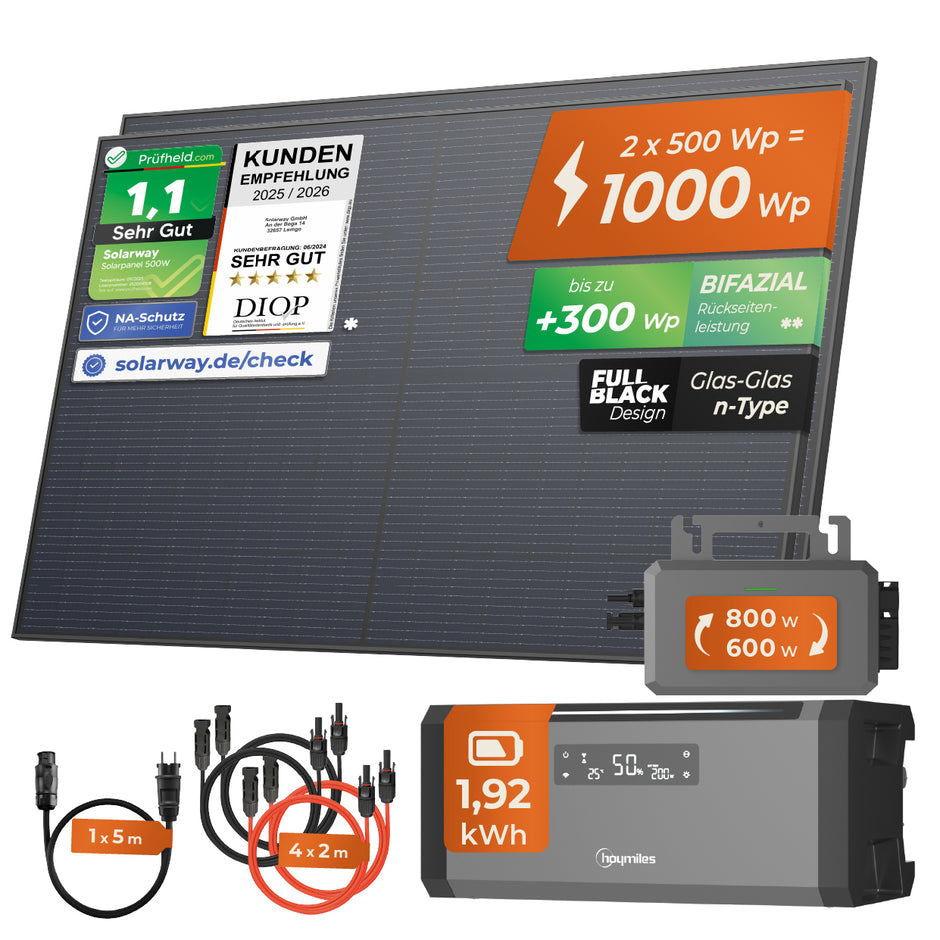 SOLARWAY Balkonkraftwerk 1000 Watt | Hoymiles HiFlow 800 + Hoymiles HiBattery 1920 Wh Speicher