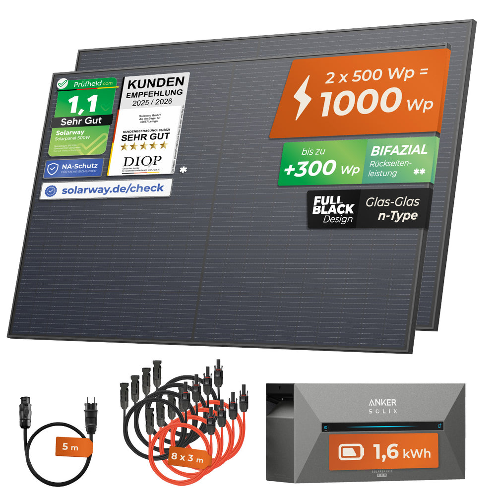 SOLARWAY Balkonkraftwerk 1000 Watt | Anker SOLIX Solarbank 2 E1600 Pro 1,6 kWh Speicher - Solarway