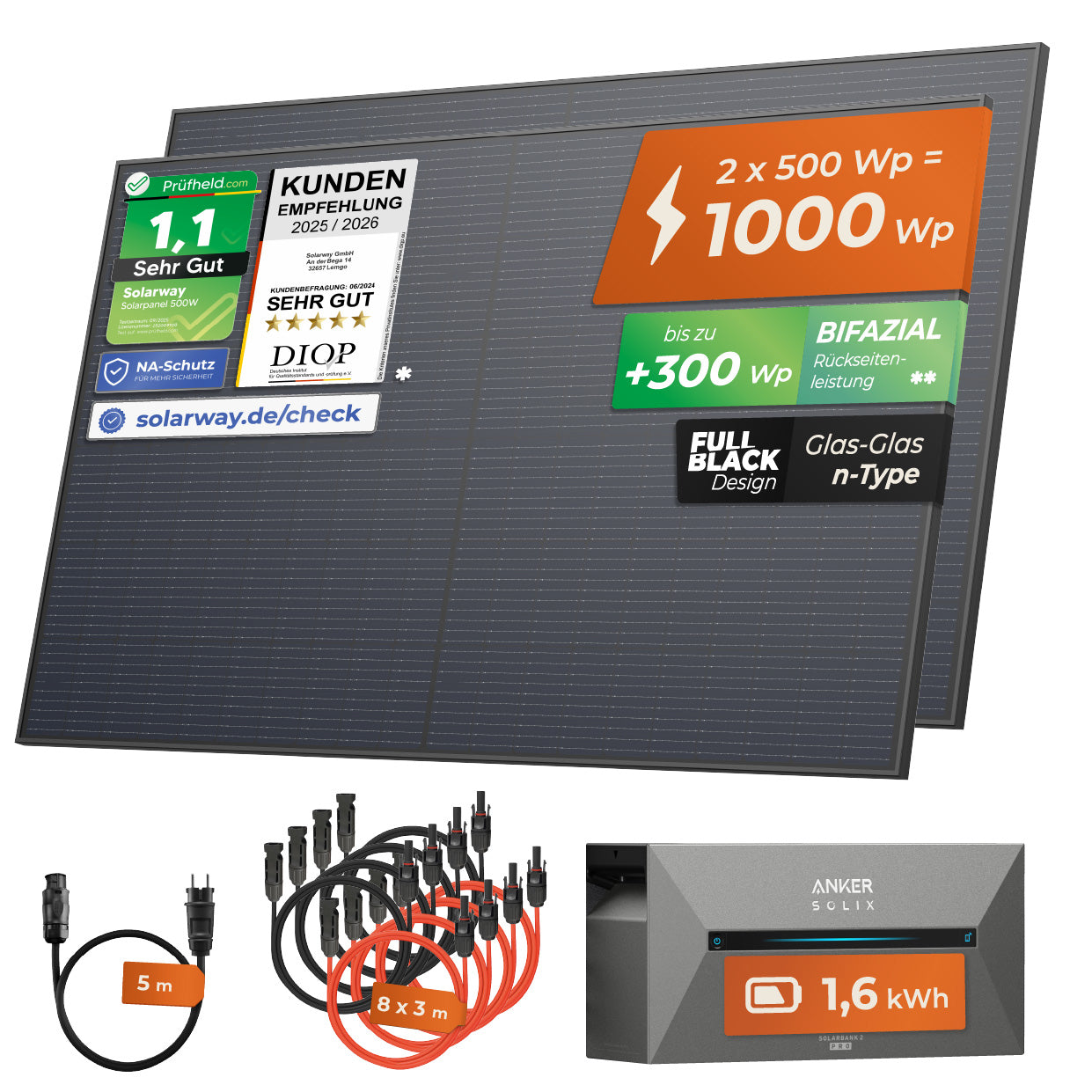 SOLARWAY Balkonkraftwerk 1000 Watt | Anker SOLIX Solarbank 2 E1600 Pro 1,6 kWh Speicher