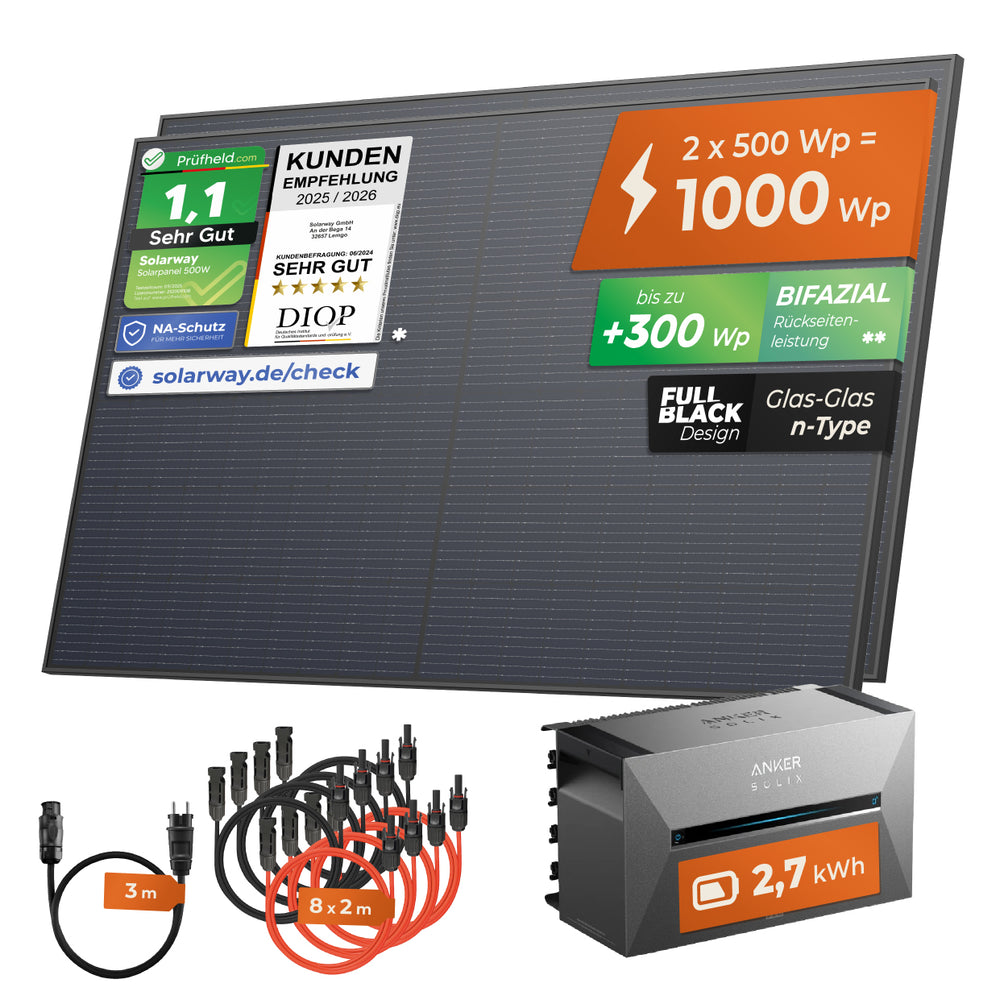 SOLARWAY Balkonkraftwerk 1000 Watt | Anker SOLIX Solarbank 3 E2700 Pro 2,7 kWh Speicher