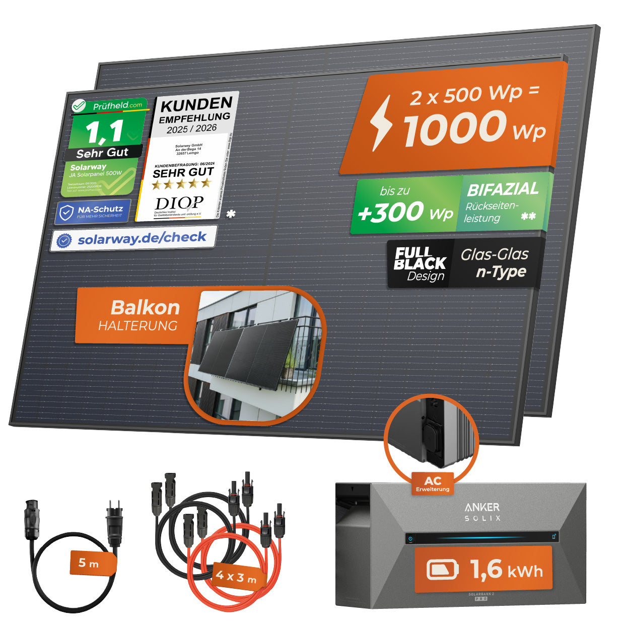 SOLARWAY Balkonkraftwerk Erweiterungsset 1000 Watt | Anker SOLIX Solarbank 2 E1600 AC 1,6 kWh Speicher