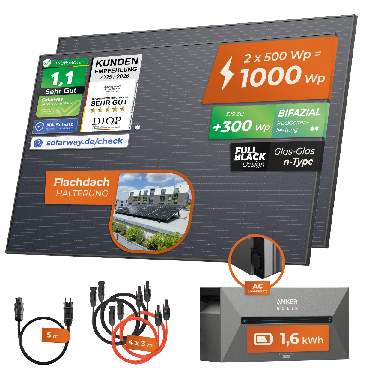 SOLARWAY Balkonkraftwerk Erweiterungsset 1000 Watt | Anker SOLIX Solarbank 2 E1600 AC 1,6 kWh Speicher