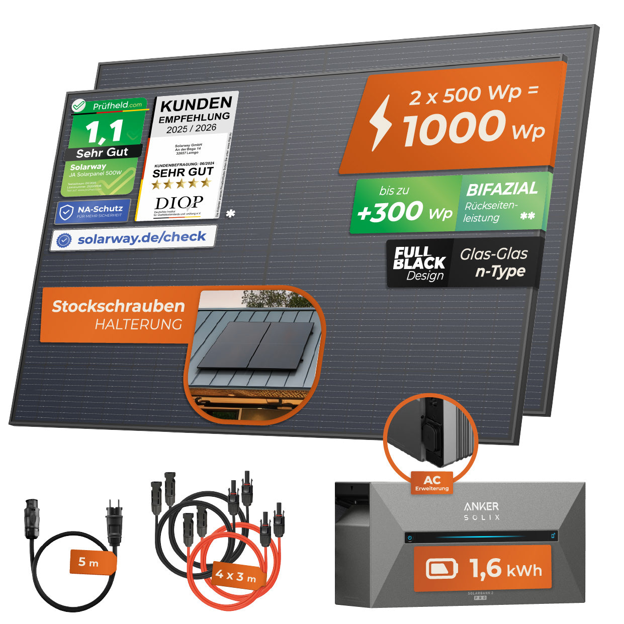 SOLARWAY Balkonkraftwerk Erweiterungsset 1000 Watt | Anker SOLIX Solarbank 2 E1600 AC 1,6 kWh Speicher