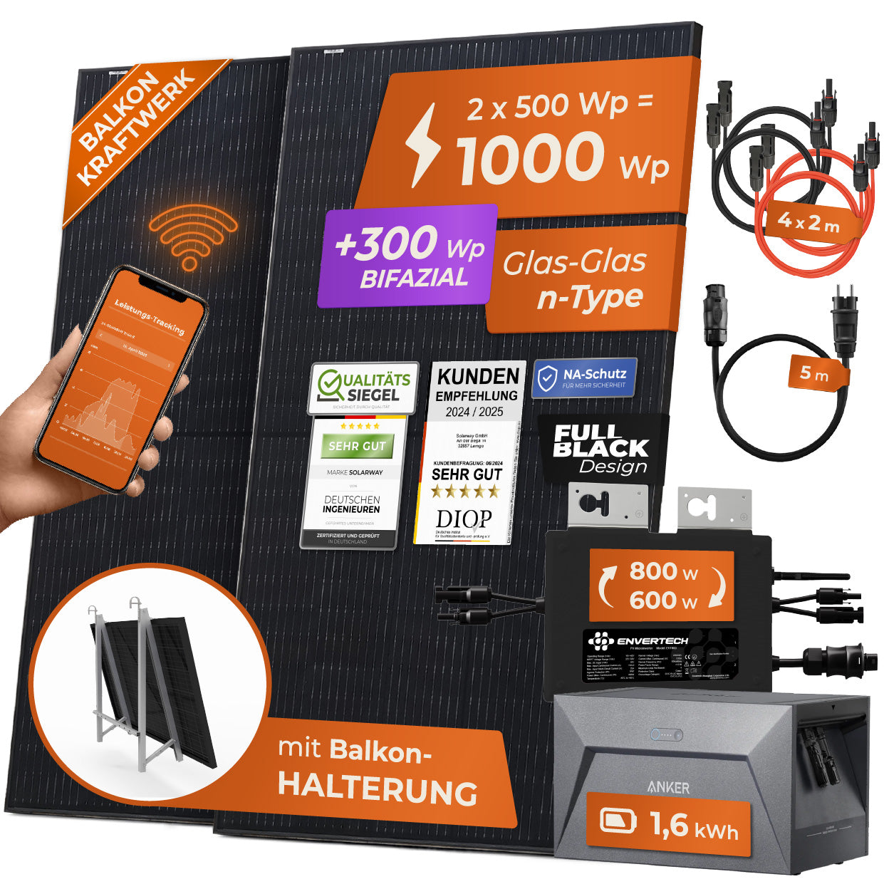 SOLARWAY Balkonkraftwerk 1000 Watt | Anker SOLIX Solarbank 1 E1600 1,6 kWh Speicher