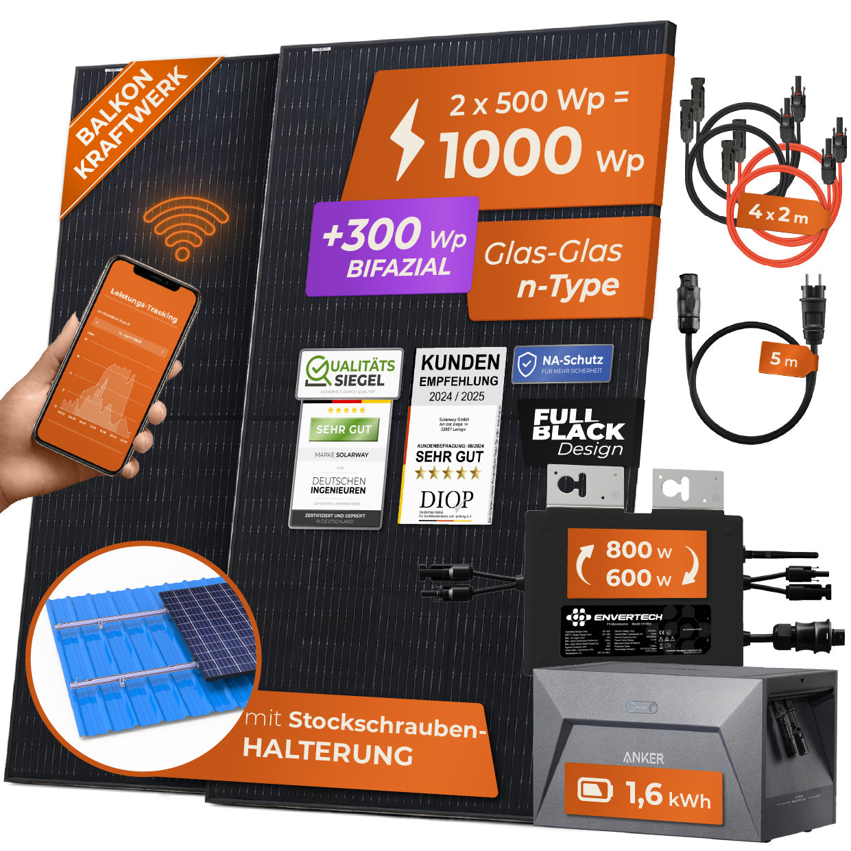 SOLARWAY Balkonkraftwerk 1000 Watt | Anker SOLIX Solarbank 1 E1600 1,6 kWh Speicher