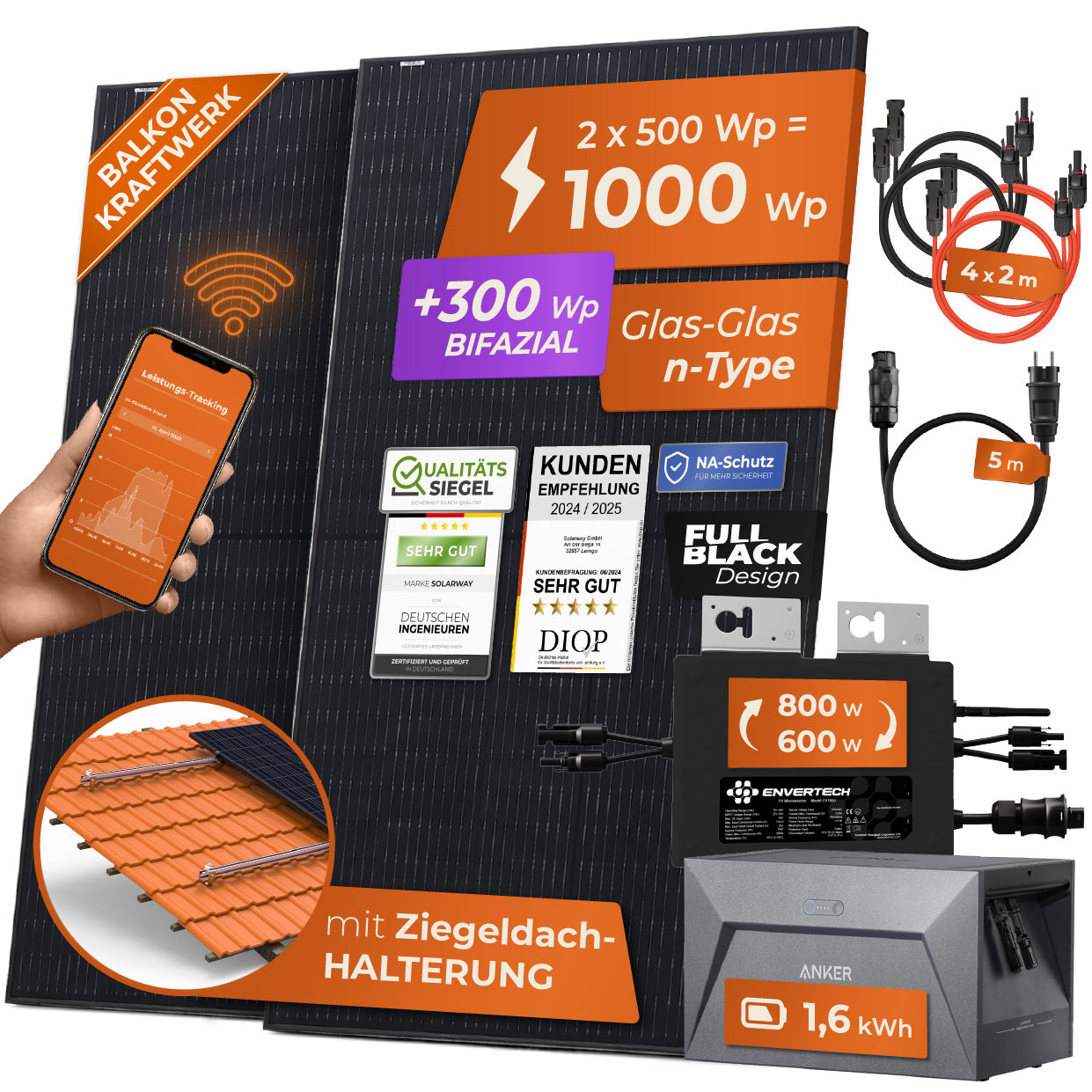 SOLARWAY Balkonkraftwerk 1000 Watt | Anker SOLIX Solarbank 1 E1600 1,6 kWh Speicher