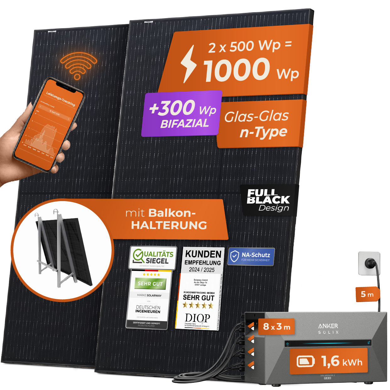 SOLARWAY Balkonkraftwerk 1000 Watt | Anker SOLIX Solarbank 2 E1600 Pro 1,6 kWh Speicher