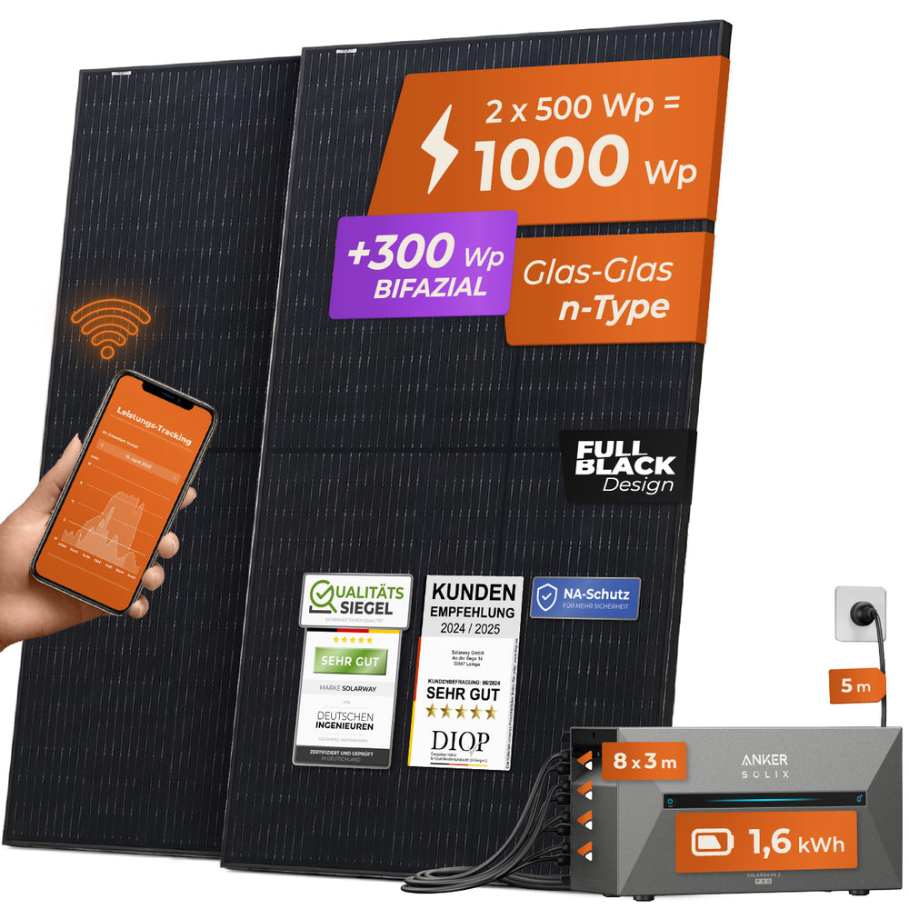 SOLARWAY Balkonkraftwerk 1000 Watt | Anker SOLIX Solarbank 2 E1600 Pro 1,6 kWh Speicher