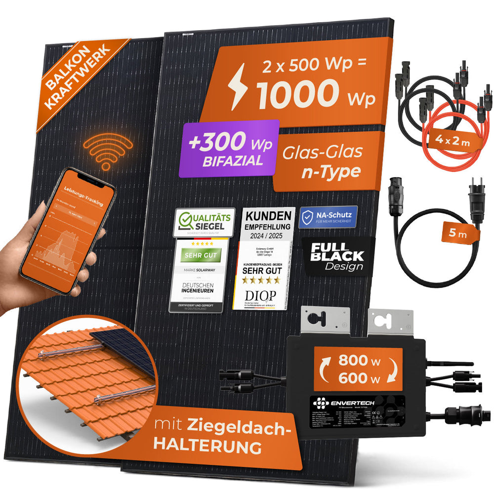 Solarway® 2000 Wp / 800 W balkonkrachtcentrale met 3,8 kWh geheugen, compleet stopcontact, 3,8 Solarway® 2000 Wp / 800 W balkonkrachtcentrale met 3,8 kWh geheugen, compleet stopcontact, 3,8