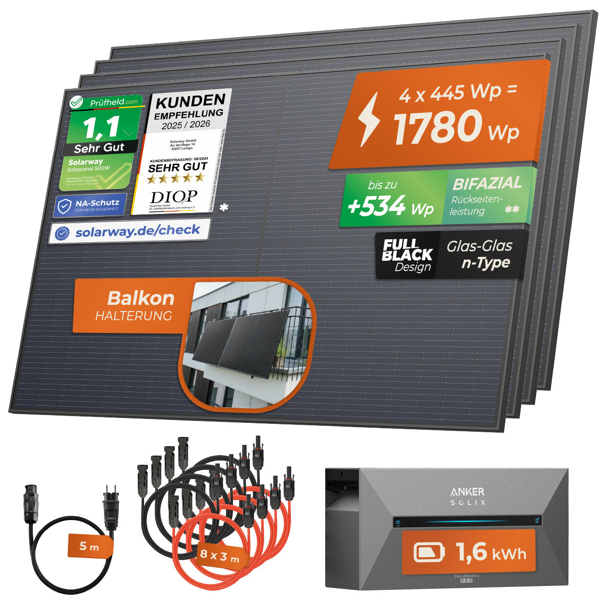 SOLARWAY Balkonkraftwerk 1780 Watt | Anker SOLIX Solarbank 2 E1600 Pro 1,6 kWh Speicher