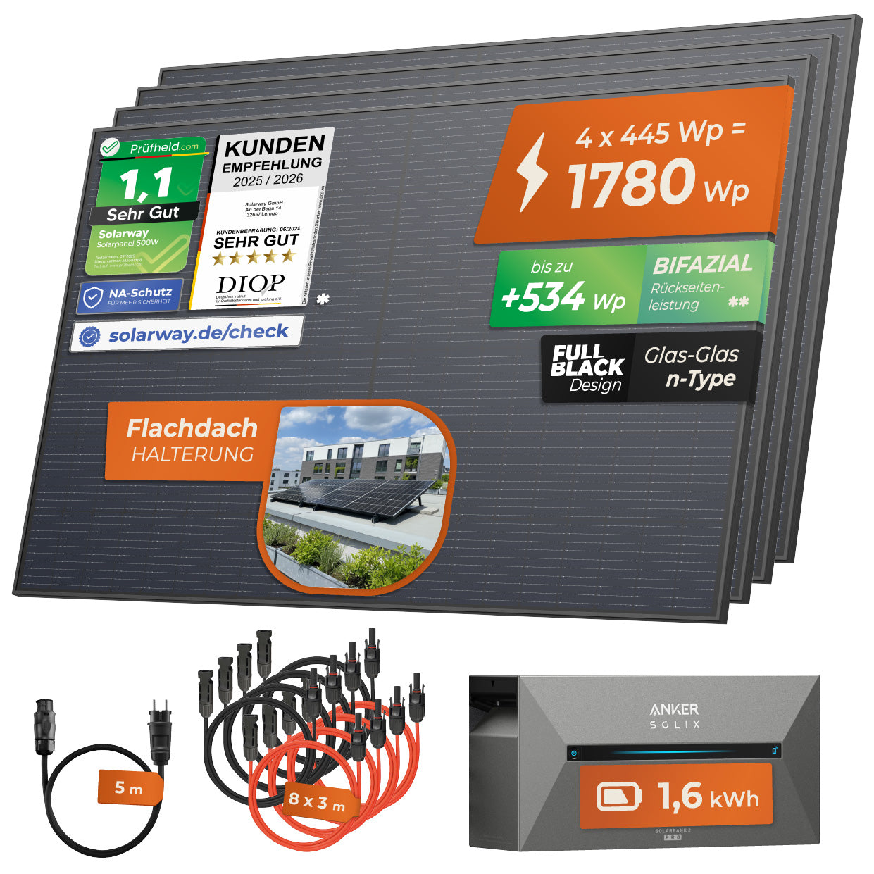 SOLARWAY Balkonkraftwerk 1780 Watt | Anker SOLIX Solarbank 2 E1600 Pro 1,6 kWh Speicher