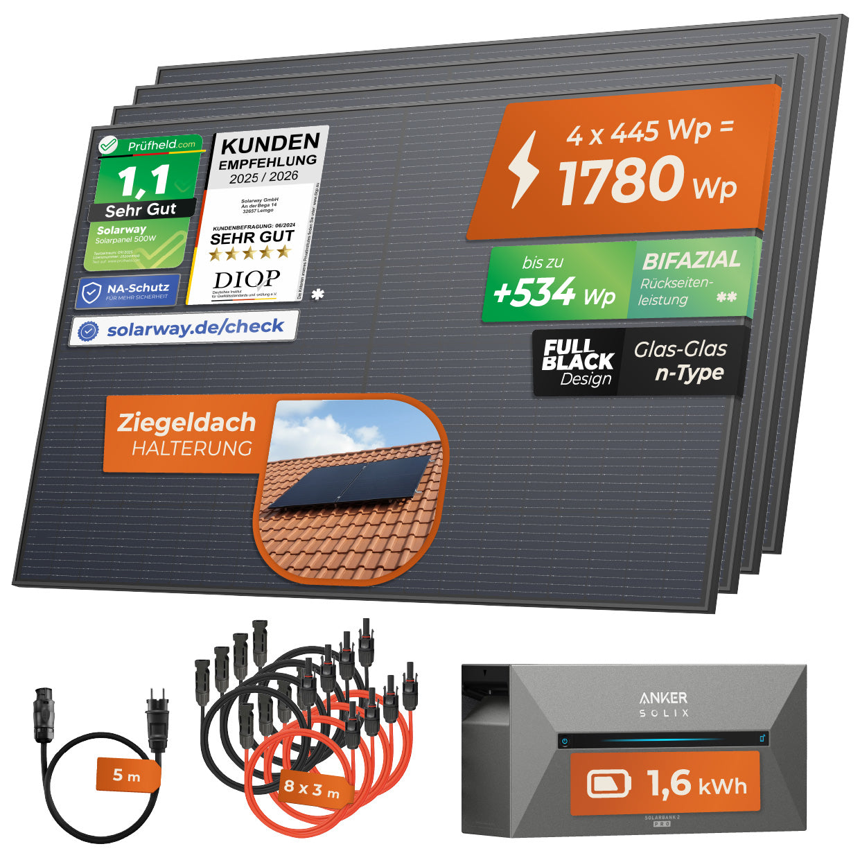 SOLARWAY Balkonkraftwerk 1780 Watt | Anker SOLIX Solarbank 2 E1600 Pro 1,6 kWh Speicher