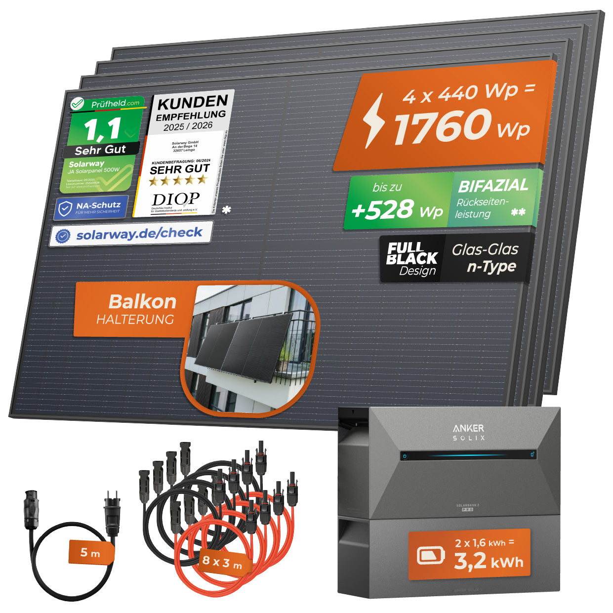 SOLARWAY Balkonkraftwerk 1760 Watt (Bifazial) | Anker SOLIX Solarbank 2 E1600 Pro 3,2 kWh Speicher