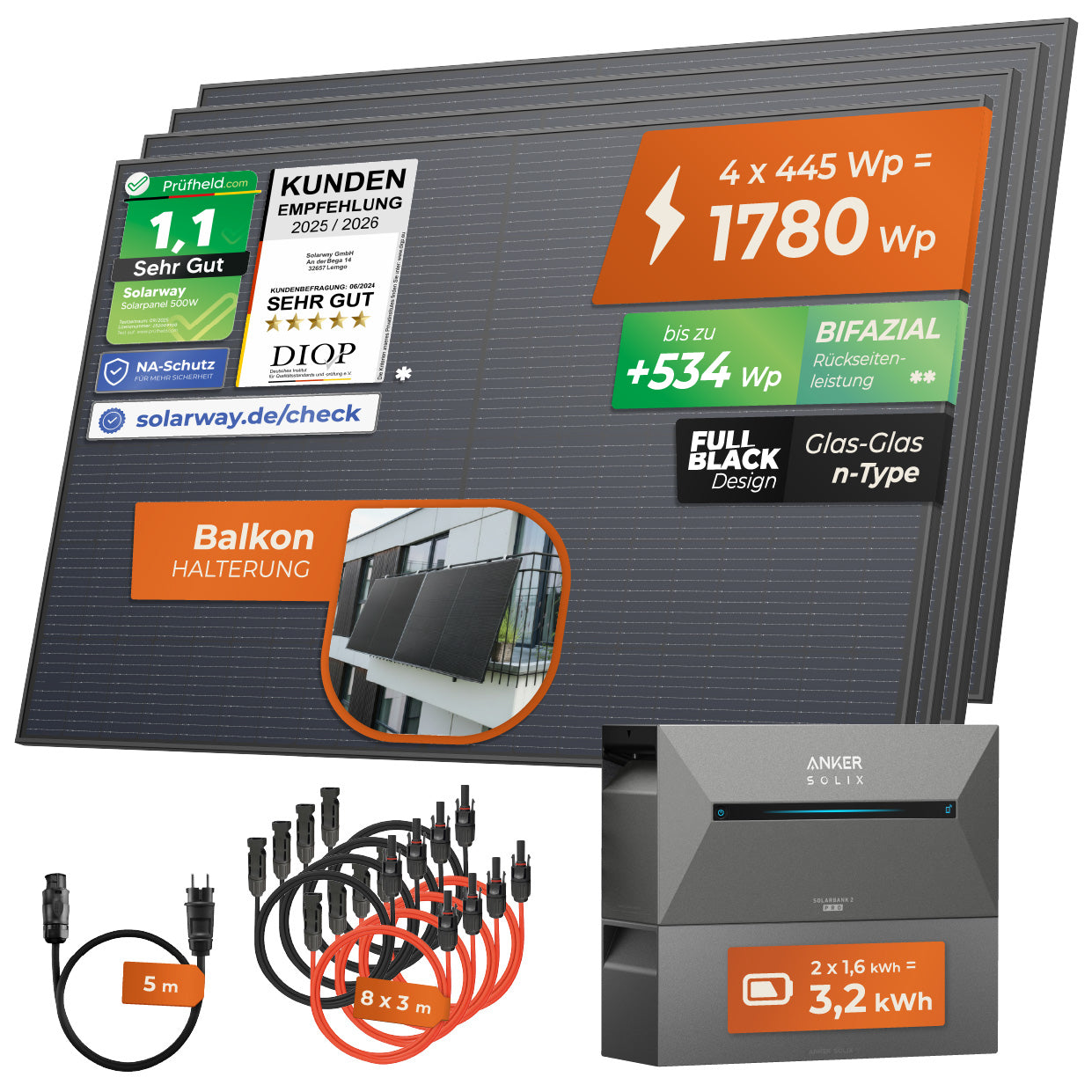 SOLARWAY Balkonkraftwerk 1780 Watt | Anker SOLIX Solarbank 2 E1600 Pro 3,2 kWh Speicher