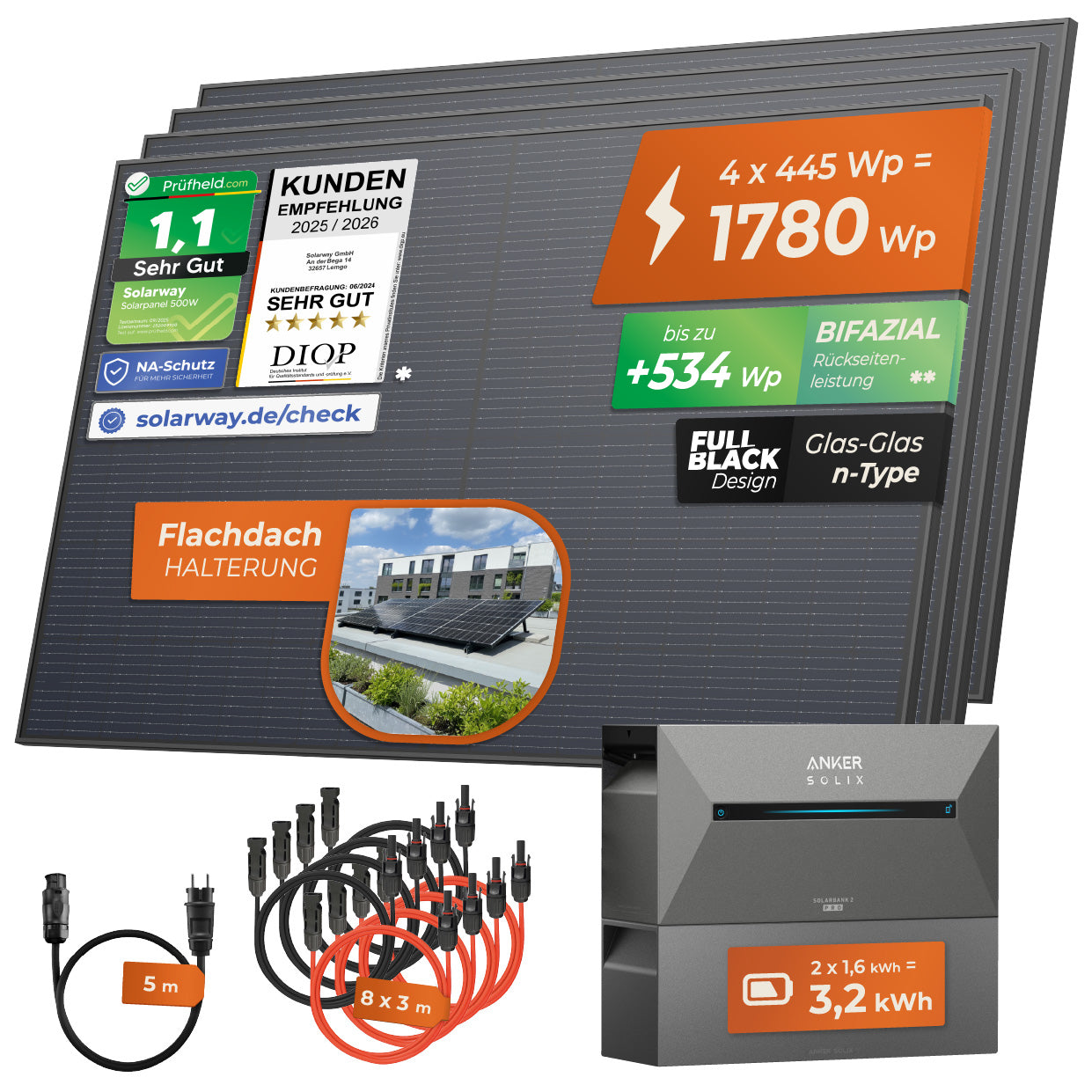 SOLARWAY Balkonkraftwerk 1780 Watt | Anker SOLIX Solarbank 2 E1600 Pro 3,2 kWh Speicher